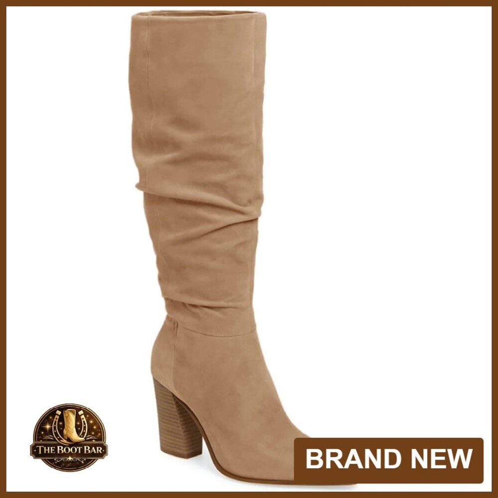 Women's Faux Suede Knee High Boots Pointed Toe Chunky Heel Side Zipper